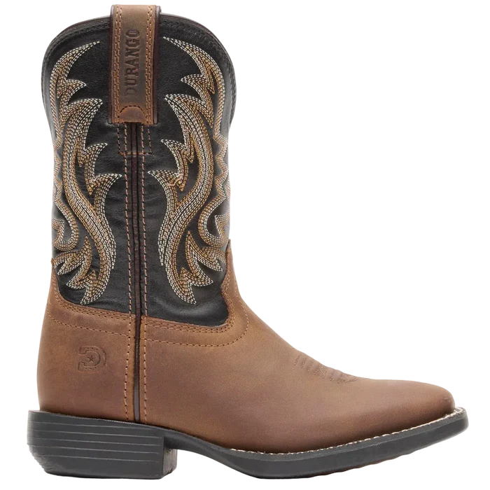 Brown and black cowboy boot with intricate stitching on a white background