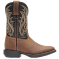 Brown and black cowboy boot with intricate stitching on a white background
