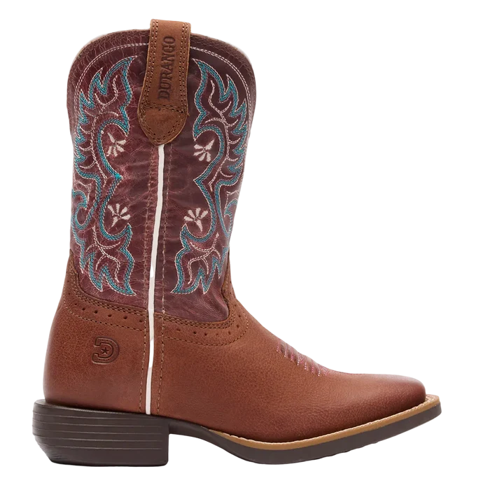 A single brown leather cowboy boot with turquoise and white embroidered floral detailing on the shaft, shown in profile against a light gray background. The pull tab is labeled 'DELANEO'.