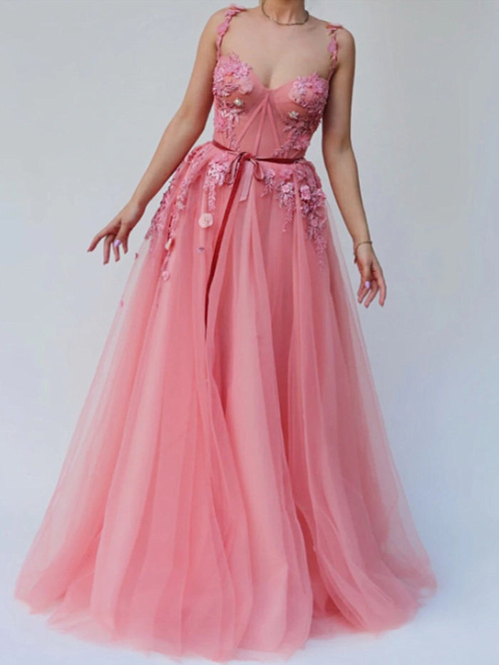 Dusty Pink Lace Floral Prom Dresses, Pink Lace Floral Formal Graduation Dresses