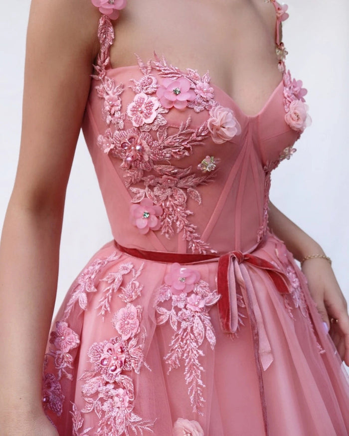 Dusty Pink Lace Floral Prom Dresses, Pink Lace Floral Formal Graduation Dresses