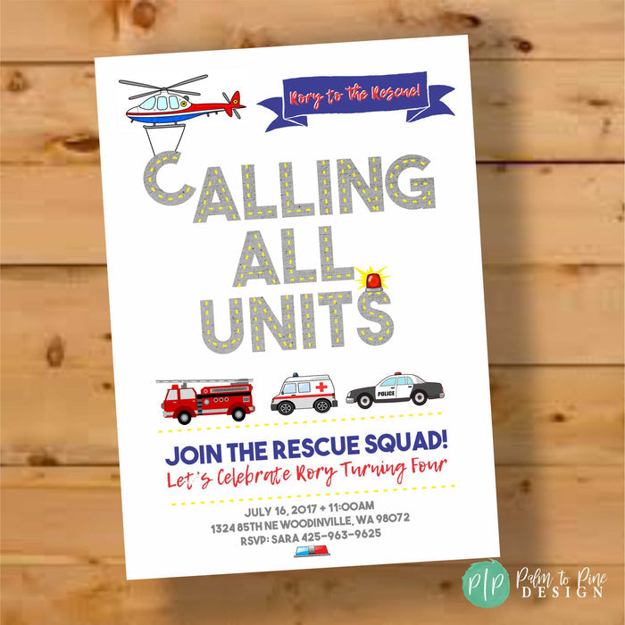 Emergency Vehicle Birthday Invitation