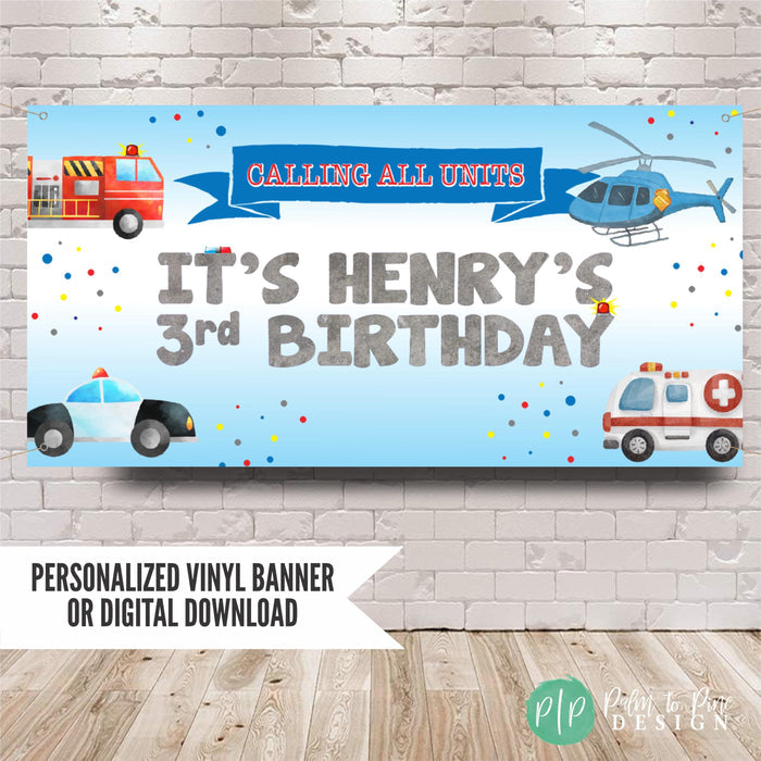 Emergency vehicles birthday banner personalized with your child’s name and age