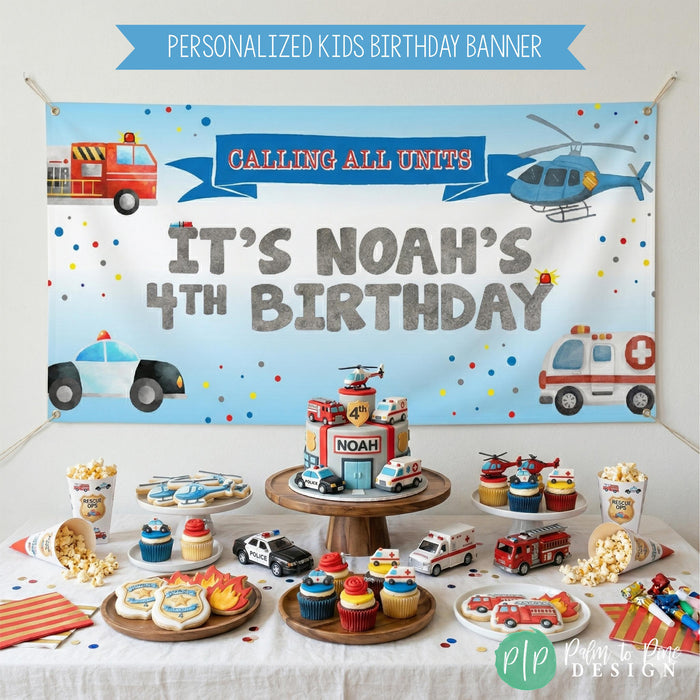 rescue vehicle themed party featuring fire trucks, police cars, ambulances, and helicopters