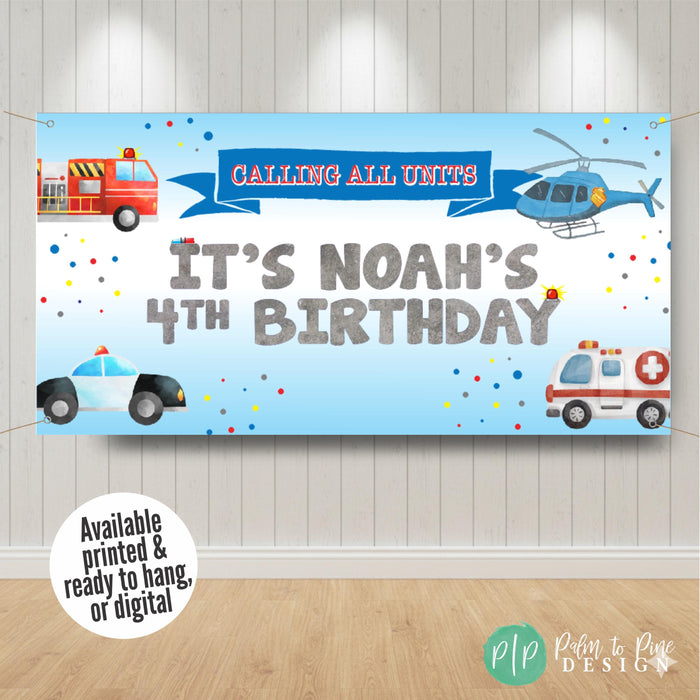 rescue vehicles birthday banner personalized with boys name and age