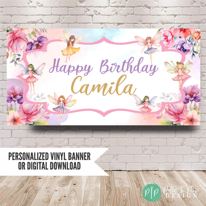 Fairy floral birthday banner with pastel flowers and whimsical fairy illustration on white backdrop