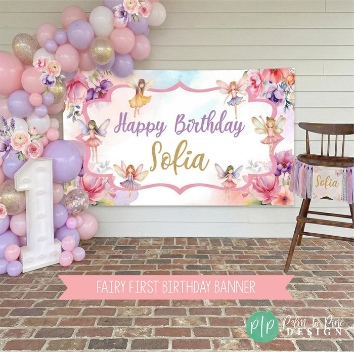 Personalized fairy first birthday banner displayed for a cake smash photo shoot