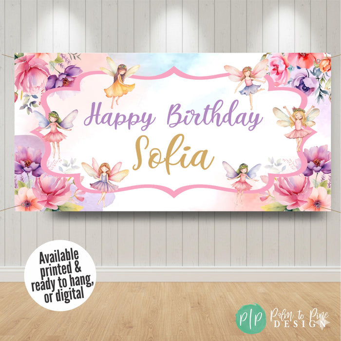 Custom name fairy banner hung on wall with light wood flooring
