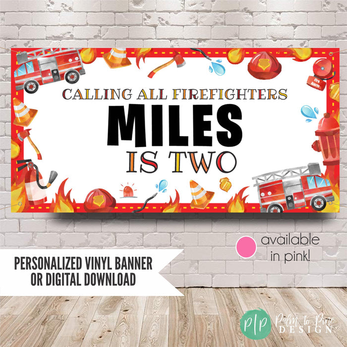 firefighter banner with personalized name and age for kids birthday party