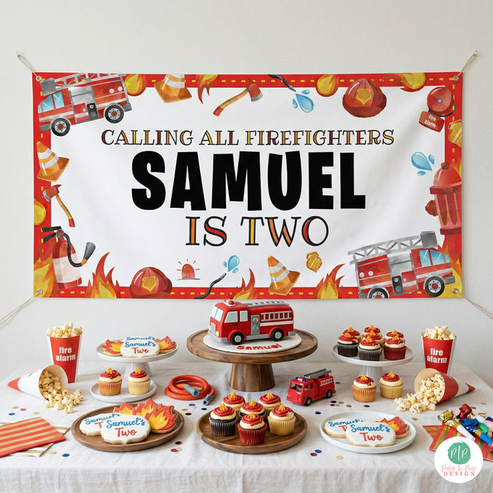 Boys firefighter birthday party with personalized banner and fire truck themed dessert table