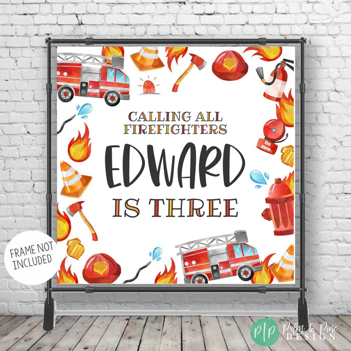Firefighter birthday banner with watercolor firetrucks and fire fighters equipment