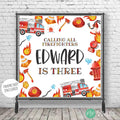 Firefighter birthday banner with watercolor firetrucks and fire fighters equipment