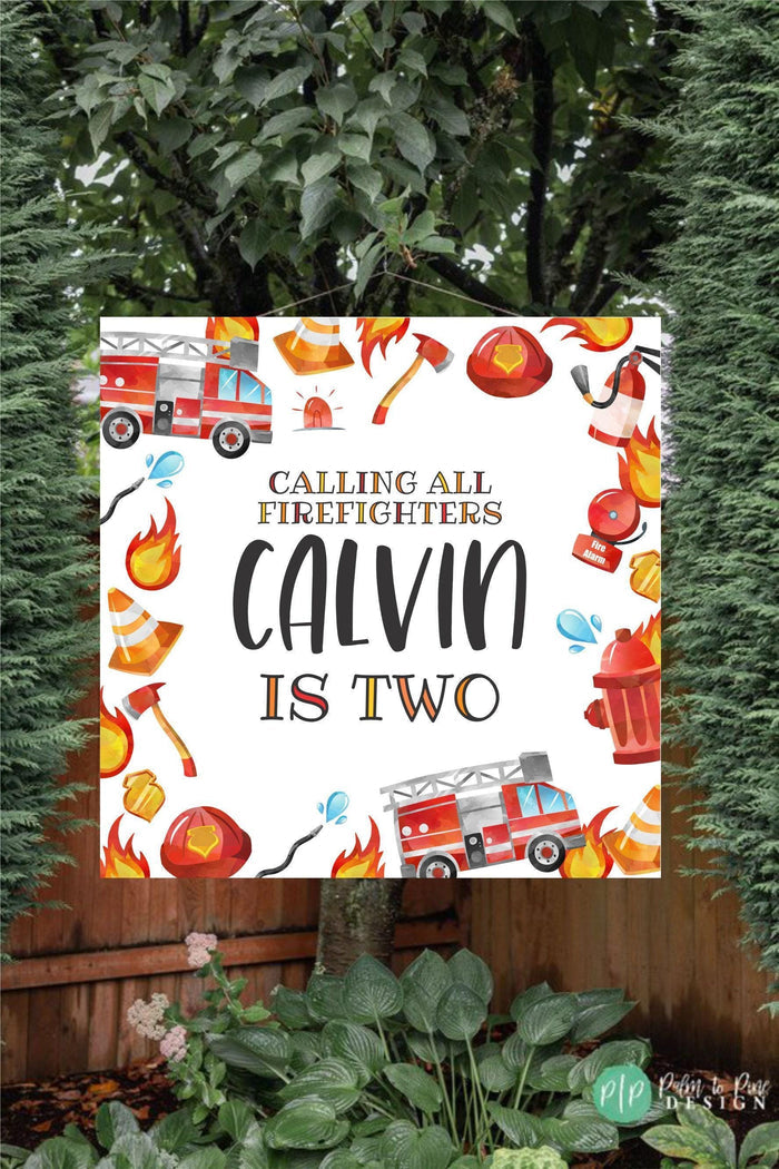Personalized firefighter birthday banner with hand-painted firetruck, fire extinguisher, and firefighter helmet clipart.