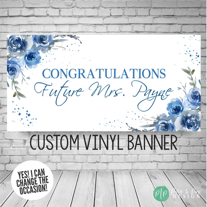 Elegant blue rose floral banner with soft blue wording that reads happily ever after with name for bridal shower