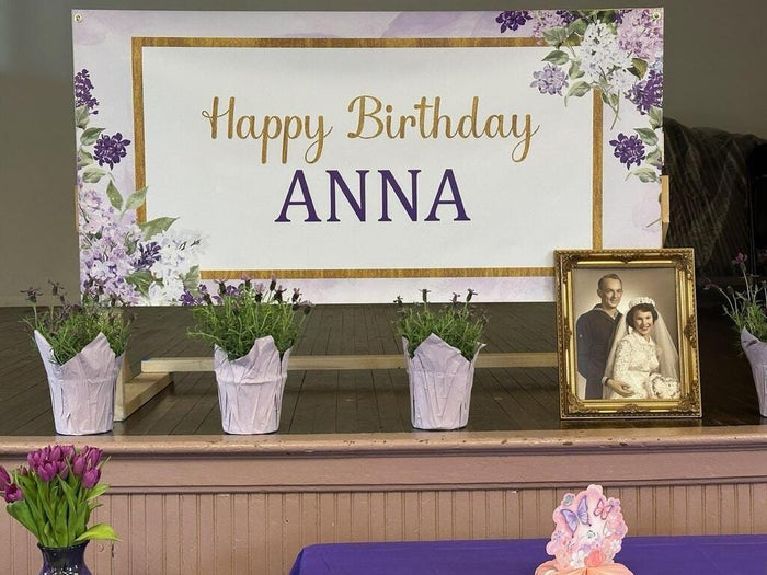 floral lilac birthday banner for women in purple and gold
