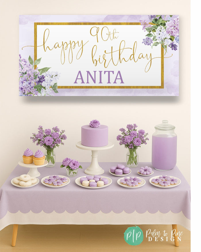 purple hydrangea floral banner for women's birthday in front of lavender dessert table