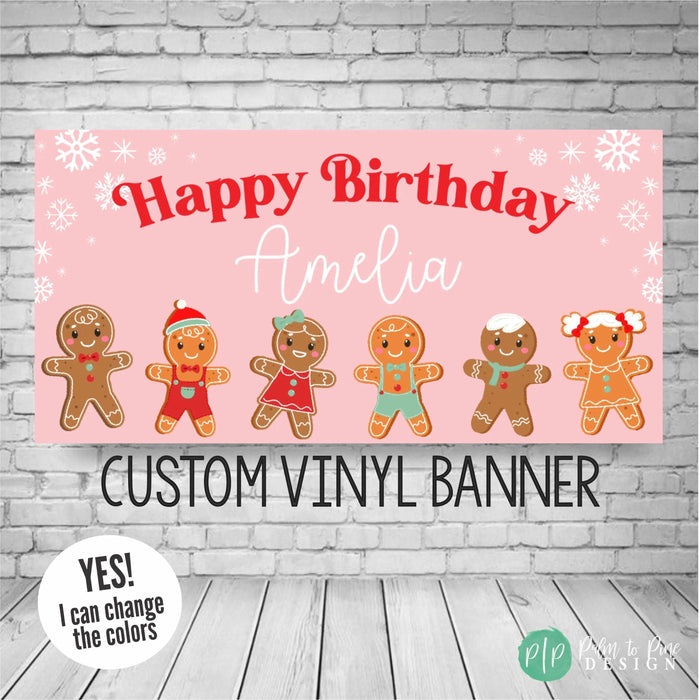 Gingerbread holiday birthday banner for girls, personalized with name and age