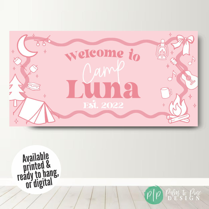 Custom pink camping sleepover party banner
