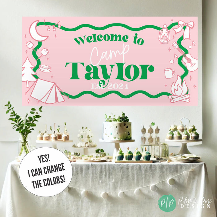 Preppy girls glamping birthday banner displayed above a dessert table with pink, purple, and teal party décor, featuring a tent, lantern, campfire, and marshmallow accents. Personalized with birthday girl’s name and age behind green dessert table