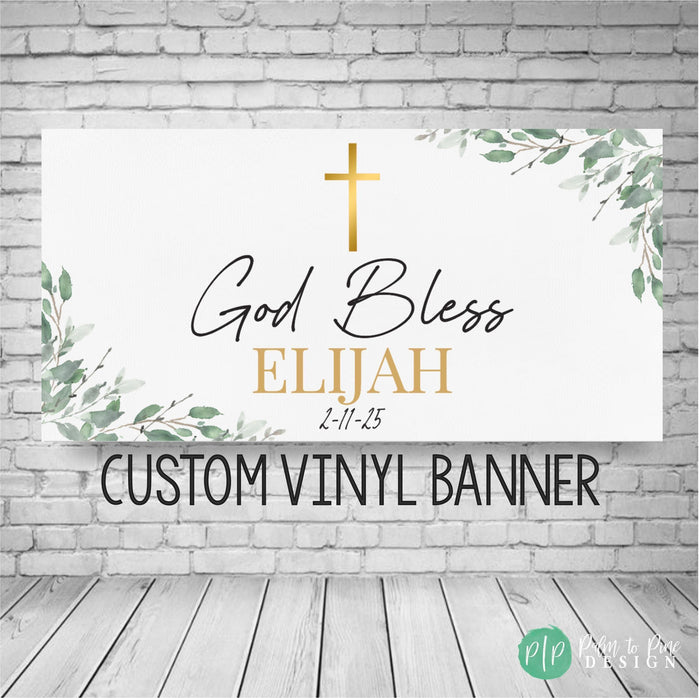 Baptismal Banner with watercolor foliage and gold cross