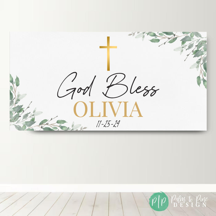 god bless banner with simple modern greenery and gold cross