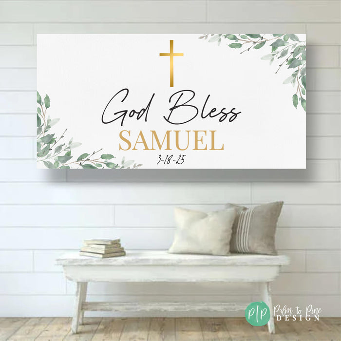 Gold Cross Baptism Banner Greenery