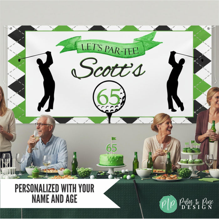 Golf Birthday backdrop in green argyle print at men's milestone birthday celebration