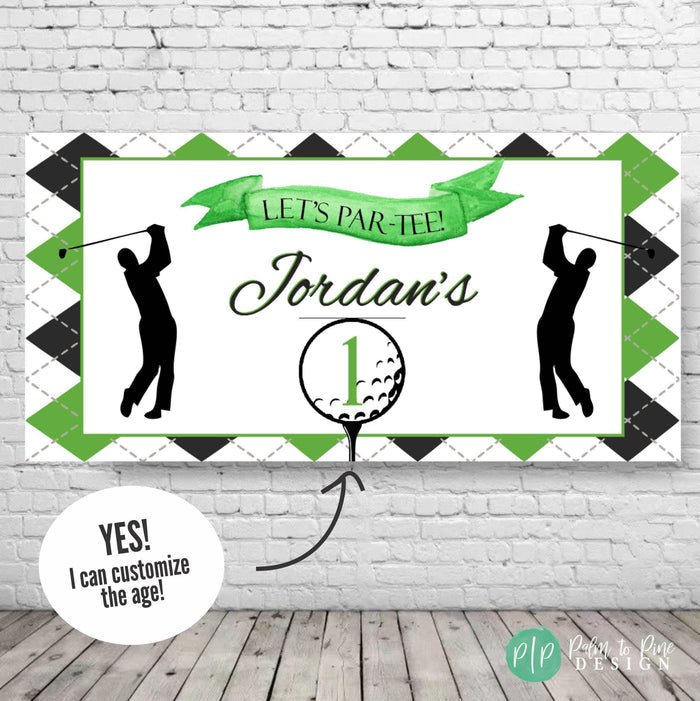 Golf party banner with green and black argyle background, watercolor sign reading "Let's Par-Tee", and personalized name and age