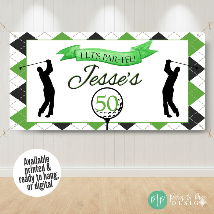 golf birthday party banner in green and black