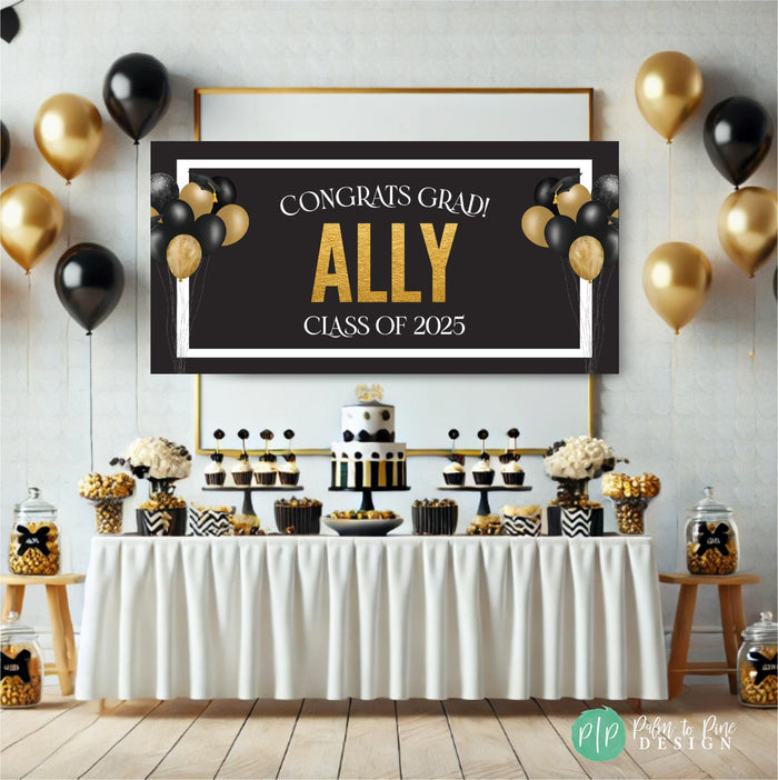 Black and gold graduation banner with "Congrats Grad" and "Class of 2025" text. Decorated with gold balloons and graduation caps in front of a graduation party setting