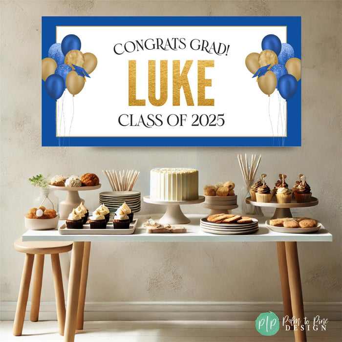 Elegant blue and gold graduation party banner featuring "Class of 2025" and "Congrats Grad" in bold lettering. Accented with floating balloons and graduation caps for a festive touch.