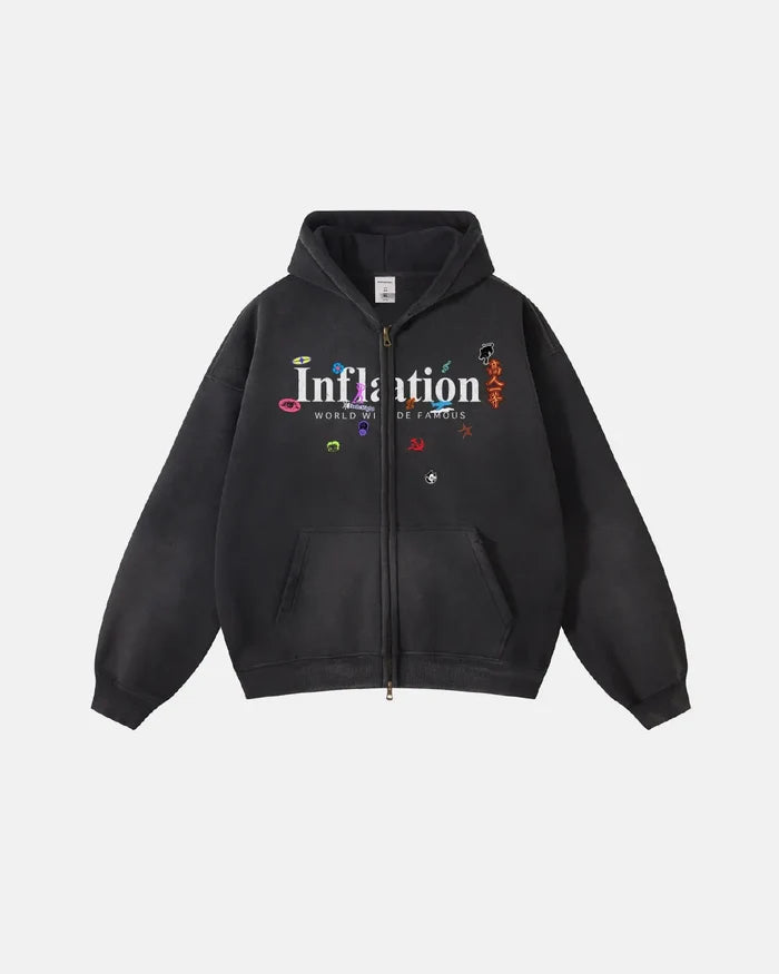 Graphic Acid Washed Zip Up Hoodies | Inflation Streetwear