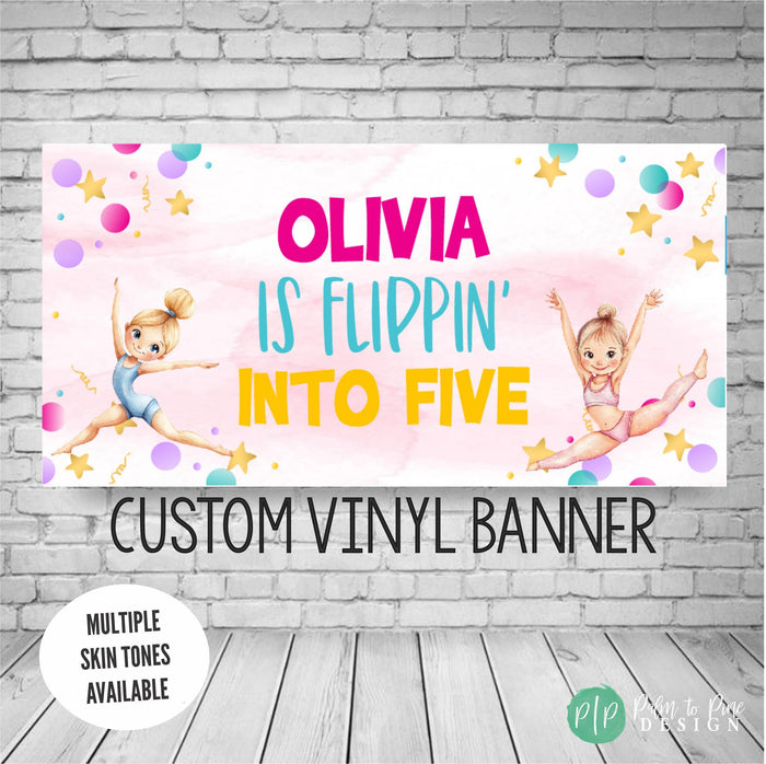 personalized gymnastics birthday party banner for little girl with watercolor pink background and gymnast clipart