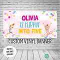 personalized gymnastics birthday party banner for little girl with watercolor pink background and gymnast clipart