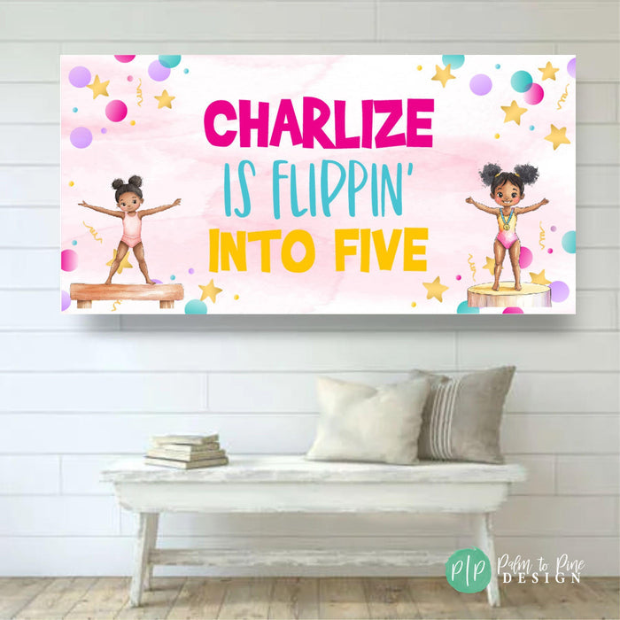custom gymnastics birthday party banner for little girl watercolor pink background, African American girl gymnast clipart, stars and confetti