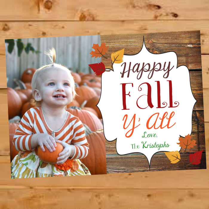 Happy Fall Y'all family photo card with autumn leaves, personalized with photo and family name