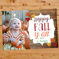 Happy Fall Y'all family photo card with autumn leaves, personalized with photo and family name