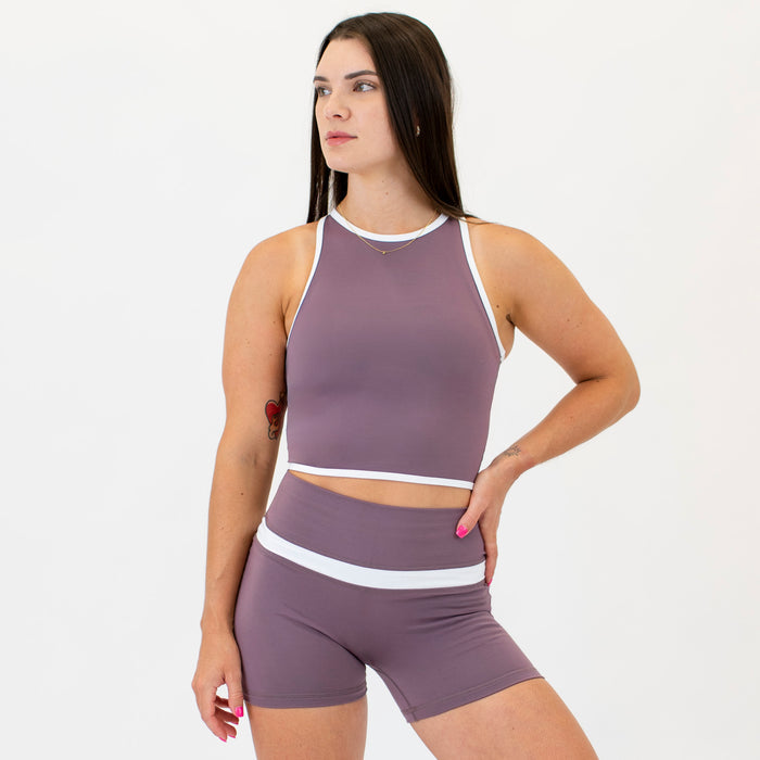 Smoky Mauve & White High Neck Racerback Crop Tank - Fitted