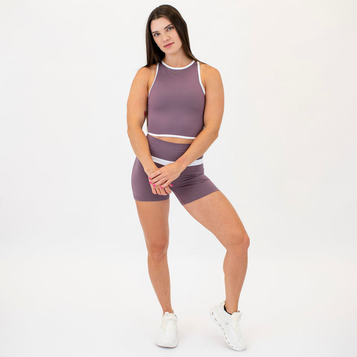 Smoky Mauve & White High Neck Racerback Crop Tank - Fitted
