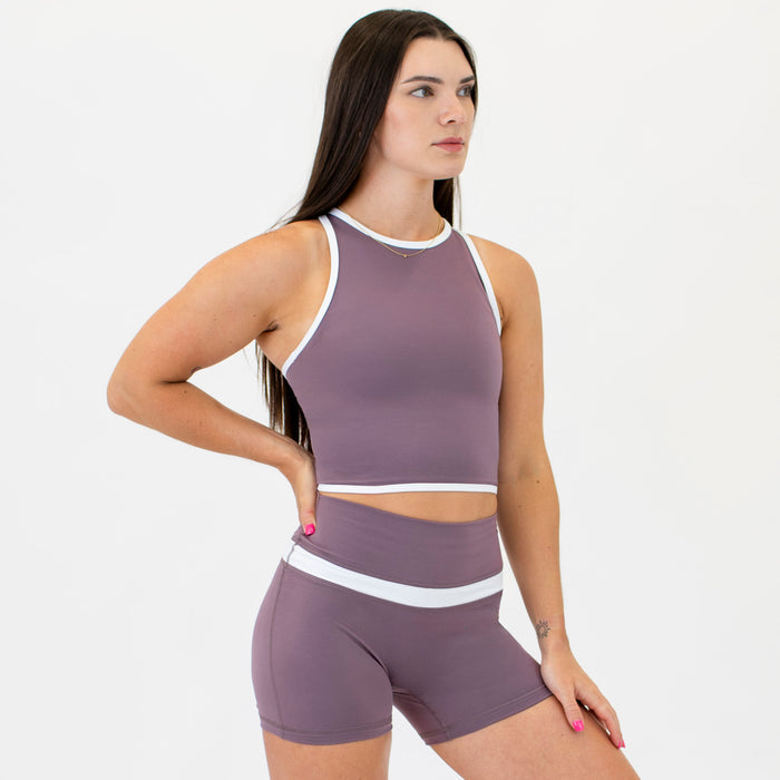 Smoky Mauve & White High Neck Racerback Crop Tank - Fitted