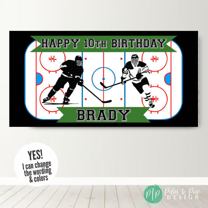 Ice Hockey Birthday Party Banner in Green and Black with ice hockey rink and hockey players