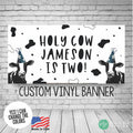 Holy Cow Birthday Banner with cow print and cows in party hats