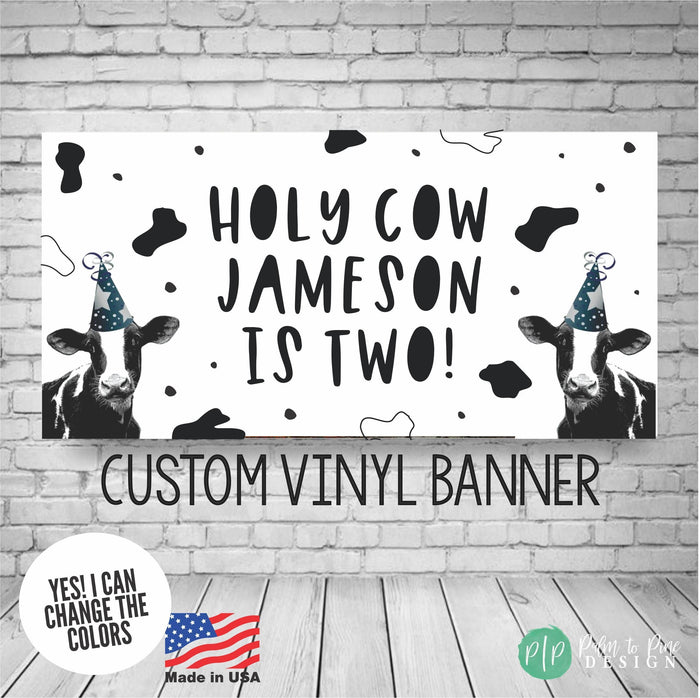Holy Cow Birthday Banner with cow print and cows in party hats