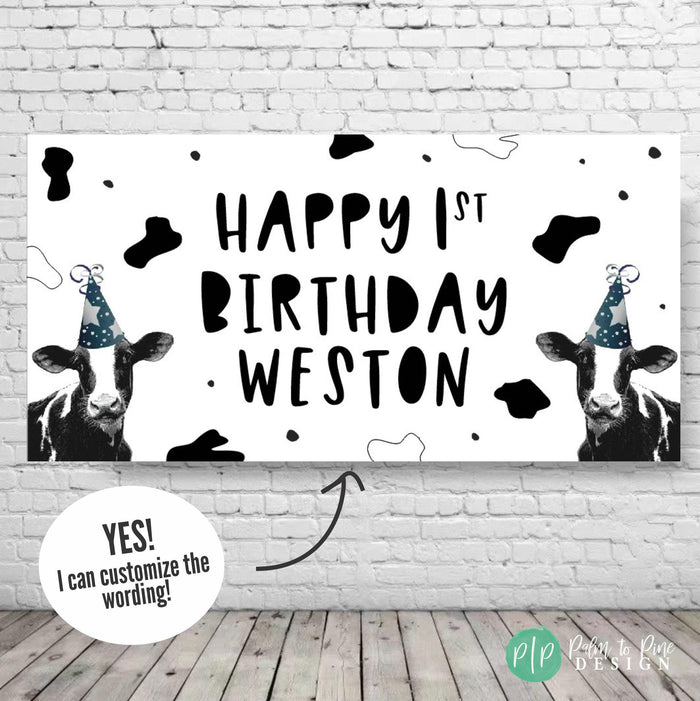 Cow Birthday Banner personalized with name for first birthday