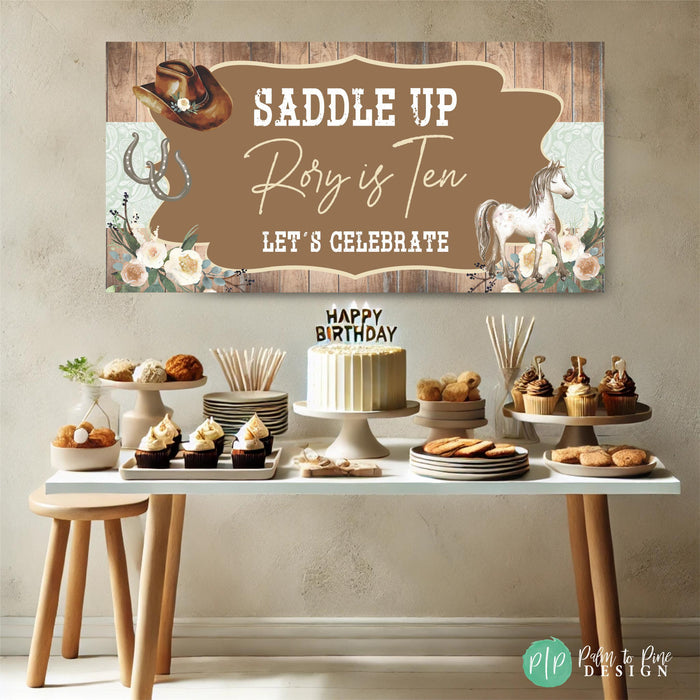 custom country western birthday banner. brown, rustic background wit mint green, florals, cowboy hat and horse clip art.