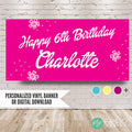 Hot pink and Silver girls birthday banner, personalized with name, age and glitter and flower details