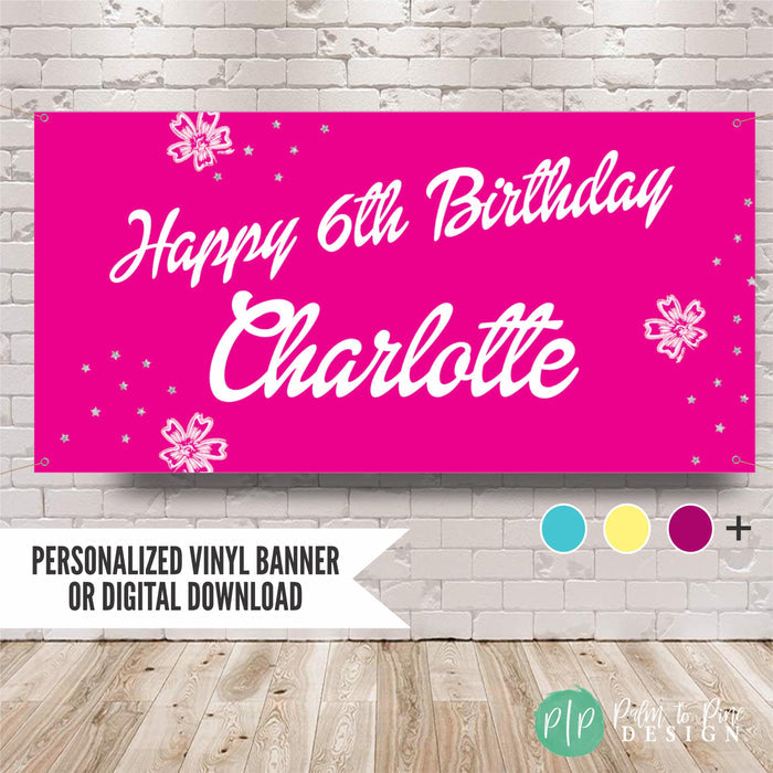 Hot pink and Silver girls birthday banner, personalized with name, age and glitter and flower details