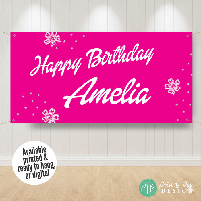 Personalized girly birthday backdrop in magenta and silver sparkle theme