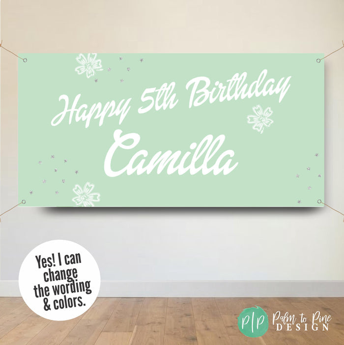 Girls mint green birthday banner with name and happy birthday message