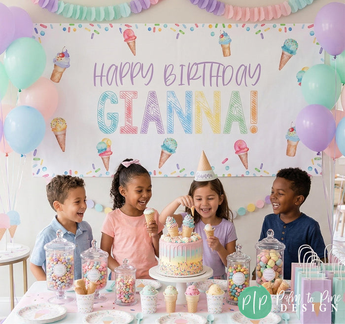 Kids ice cream birthday party with personalized banner and ice cream cone cake